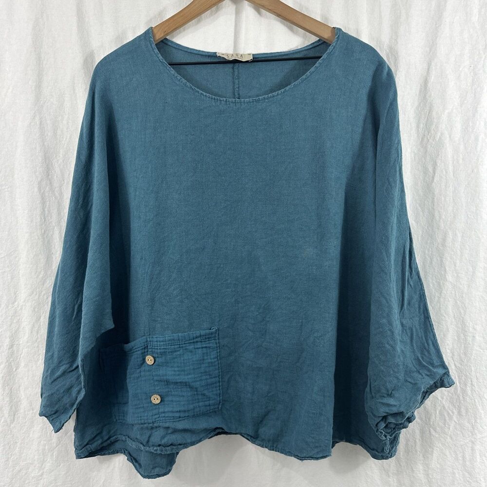 SAGA Blue 100% Linen Made In Italy Oversized Lagenlook Top O/S Beach Resort
